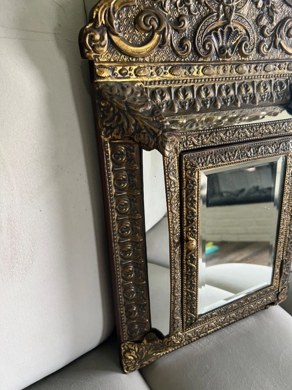 Antique Dutch copper & brass mirror/brush cabinet